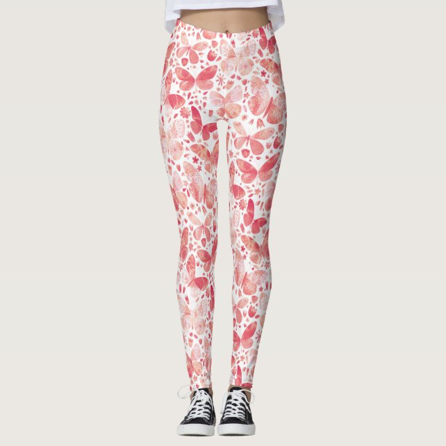   Butterflies Watercolor Coral Pink Leggings (Front)