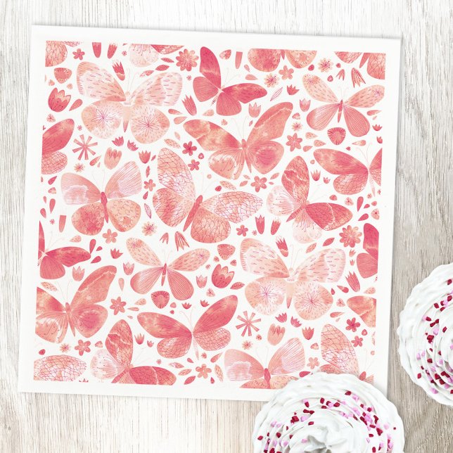 Butterflies Watercolor Coral Pink Napkin (Blush pink watercolor butterfly paper napking)