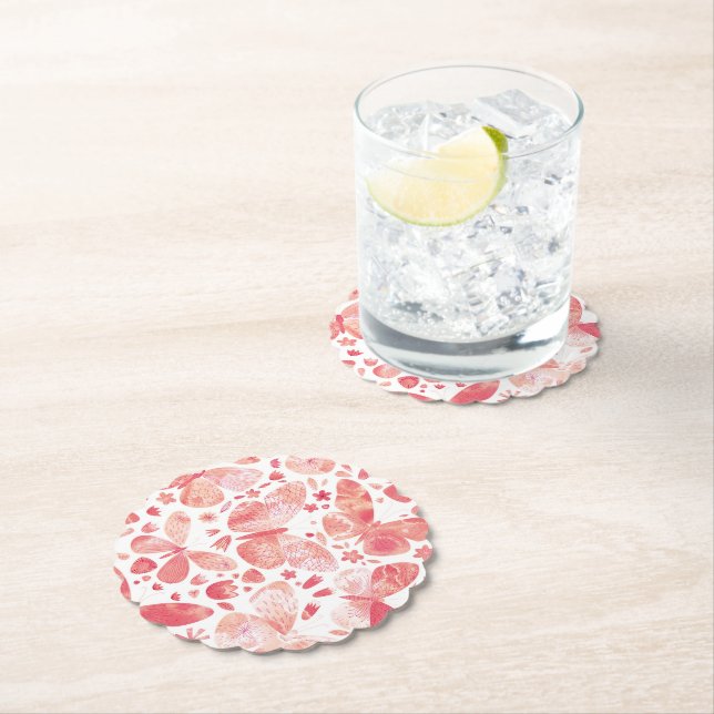 Butterflies Watercolor Coral Pink Paper Coaster (Insitu)