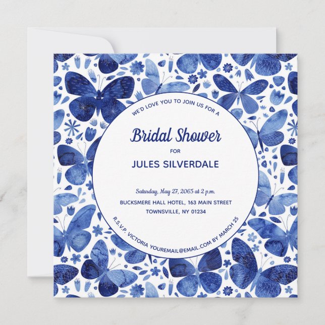 Butterflies Watercolor Indigo Blue Bridal Shower Invitation (Front)
