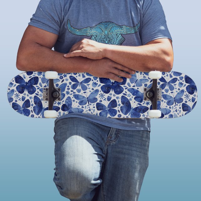 Butterflies Watercolor Indigo Blue Skateboard (Blue watercolor butterfly pattern skateboard)