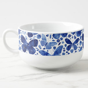 Butterflies Watercolor Indigo Blue Soup Mug