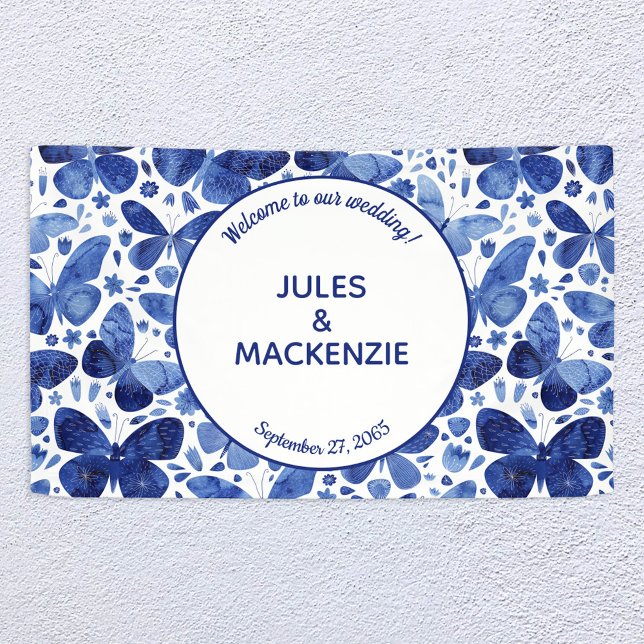 Butterflies Watercolor Indigo Blue Wedding Banner (Indigo navy blue and white watercolor butterfly pattern wedding welcome banner)