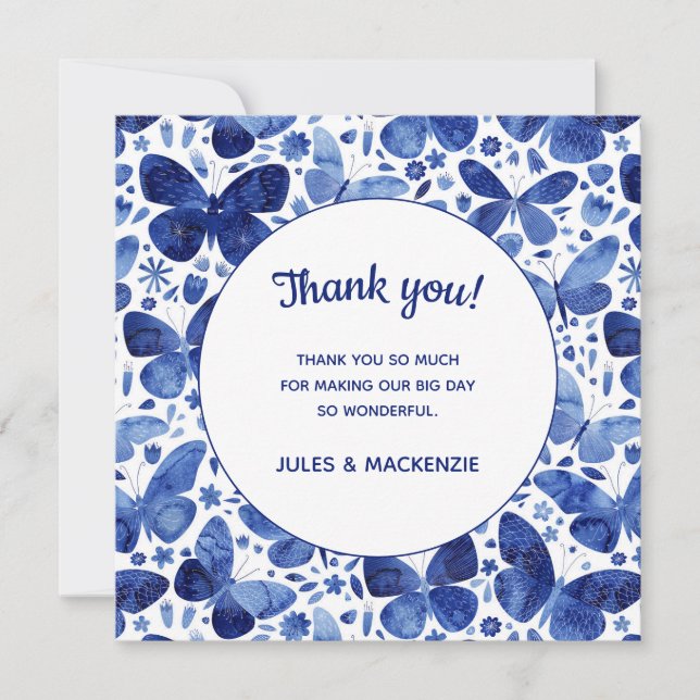 Butterflies Watercolor Indigo Blue Wedding Thank You Card (Front)