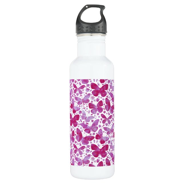 Butterflies Watercolor Magenta Pink 710 Ml Water Bottle (Front)
