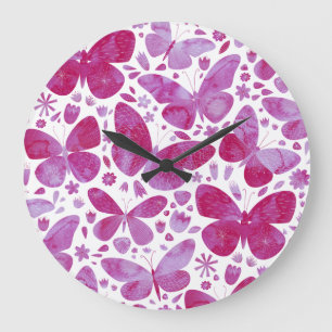 Butterflies Watercolor Magenta Pink Large Clock