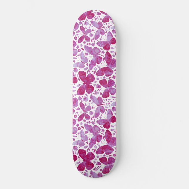 Butterflies Watercolor Magenta Pink Skateboard (Front)