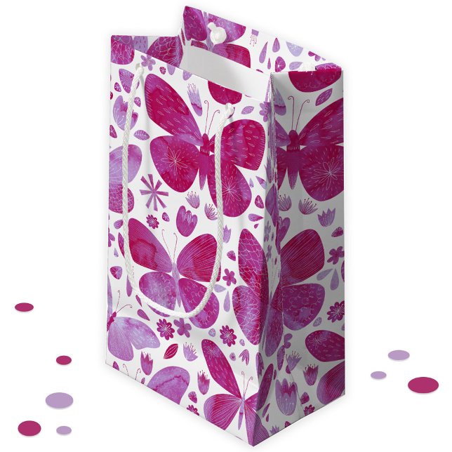 Butterflies Watercolor Magenta Pink Small Gift Bag (Pink watercolor butterfly pattern gift bag)