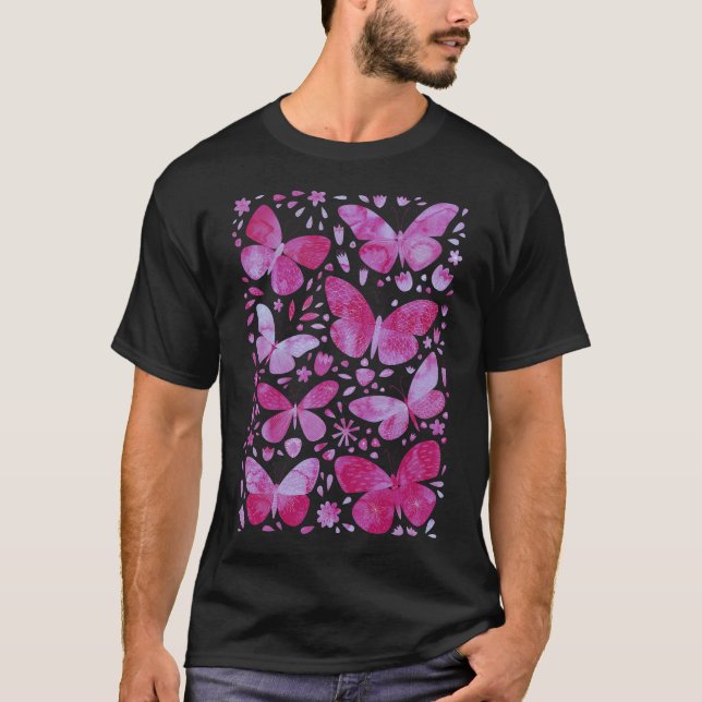 Butterflies Watercolor Magenta Pink T-Shirt (Front)