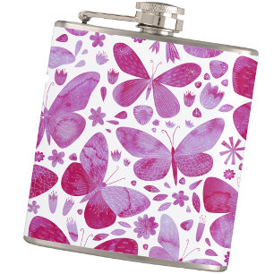 Butterflies Watercolor Pink Keepsake Hip Flask