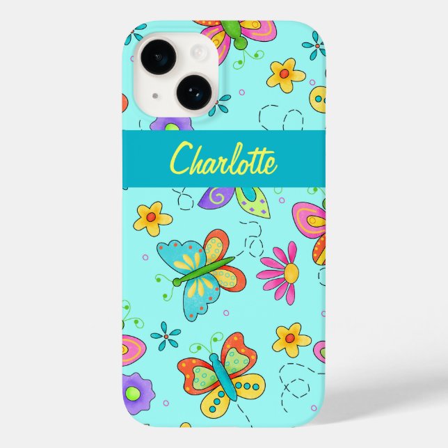 Butterflies Whimsy Turquoise Blue Name Personalize Case-Mate iPhone Case (Back)