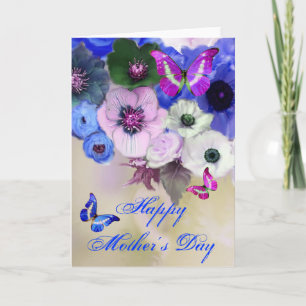 BUTTERFLIES ,WHITE BLUE ROSES AND ANEMONE FLOWERS CARD