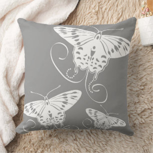 Butterflies White Grey Pattern Throw Pillow