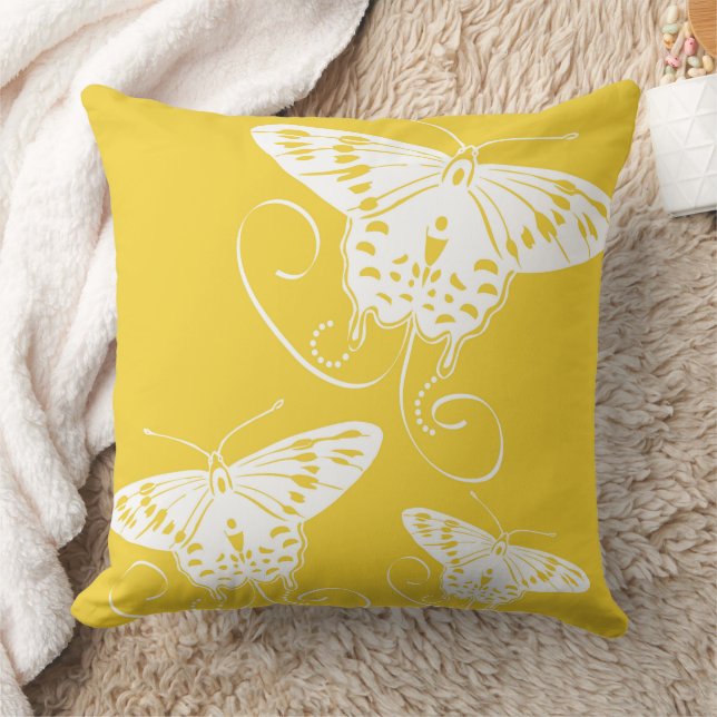 Butterflies White On Bright Yellow Pattern Throw Pillow (Blanket)