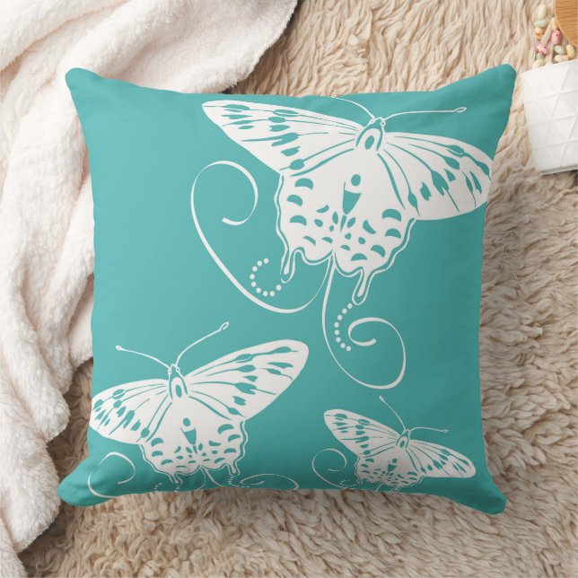 Butterflies White On Teal Pattern Throw Pillow (Blanket)