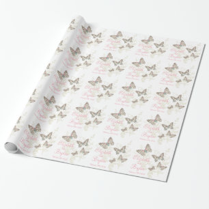 Butterflies white pink wedding names gift paper