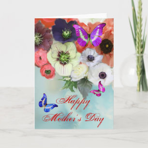 BUTTERFLIES ,WHITE RED  ROSES AND ANEMONE FLOWERS CARD