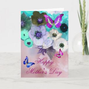 BUTTERFLIES ,WHITE TEAL ROSES AND ANEMONE FLOWERS CARD