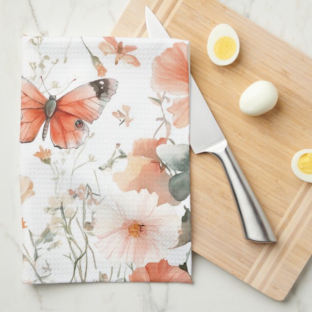 Butterflies Wildflowers Watercolor Elegant  Kitchen Towel (Quarter Fold)