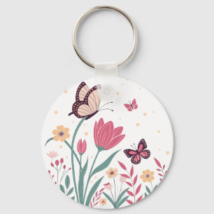 Butterflies with Pink Tulips and Yellow Daisies Keychain