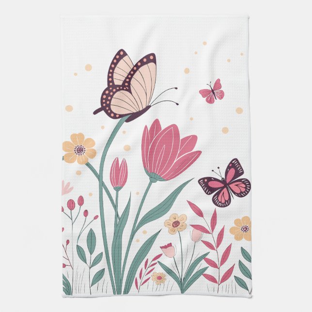 Butterflies with Pink Tulips and Yellow Daisies Kitchen Towel (Vertical)