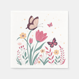 Butterflies with Pink Tulips and Yellow Daisies Napkin