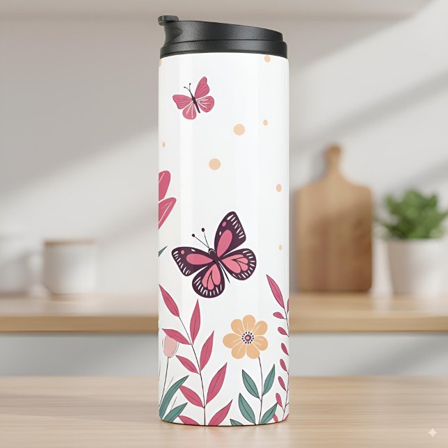 Butterflies with Pink Tulips and Yellow Daisies Thermal Tumbler (Creator Uploaded)