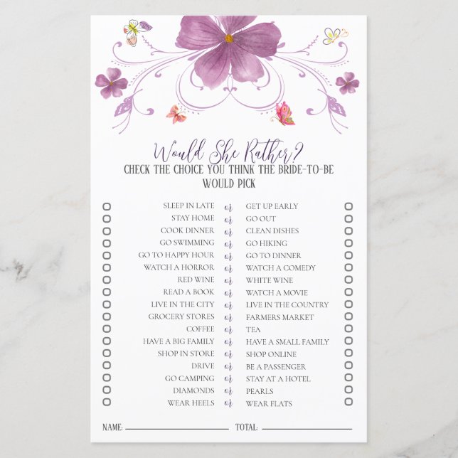 Butterflies Would She Rather Bridal Shower Game  (Front)