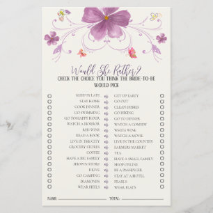Butterflies Would She Rather Bridal Shower Game 