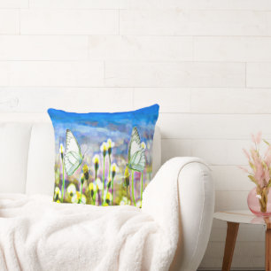 Butterflies Yellow Floral Blue Sky Throw Pillow