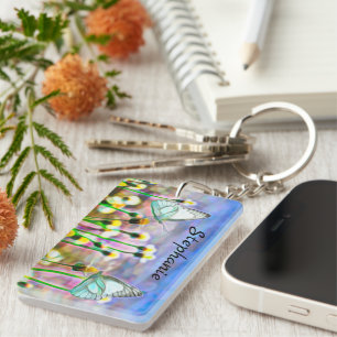 Butterflies Yellow Flowers Blue Sky Watercolor Keychain
