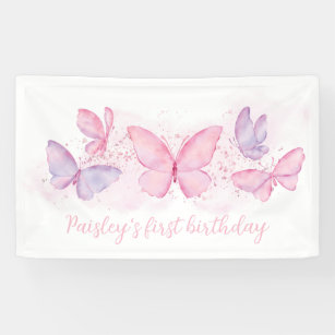 Butterfly 1st Birthday Banner Pink Purple Girl 