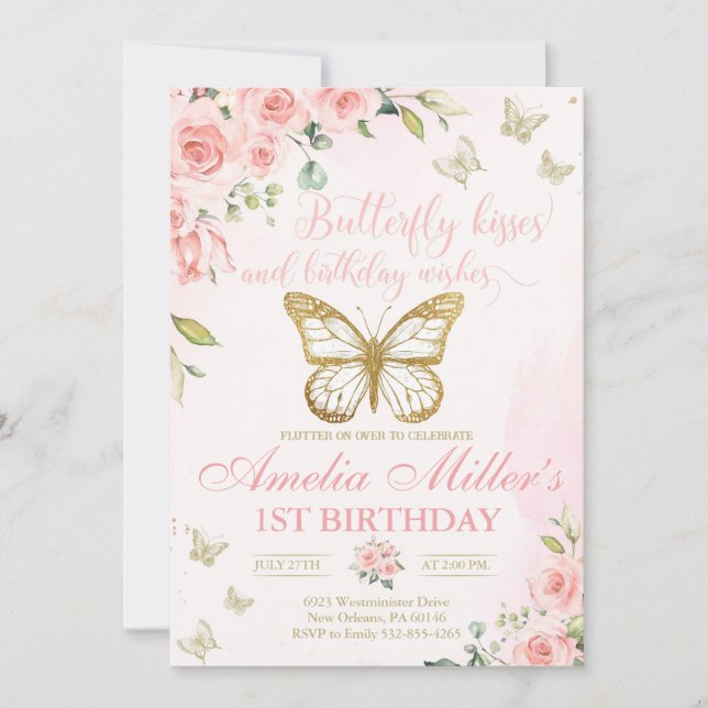 Butterfly 1st Birthday, Girls First Birthday Invitation (Front)