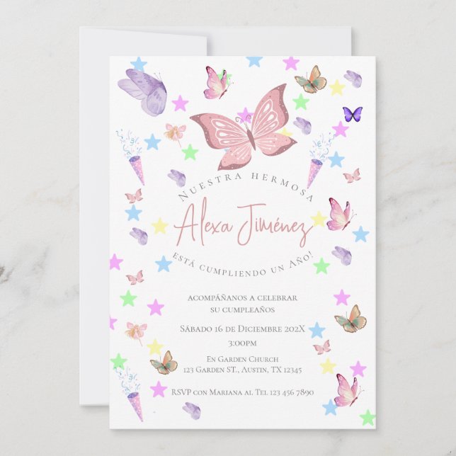 Butterfly 1st Birthday Invitation in Spanish (Front)