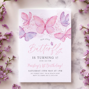 Butterfly 1st Birthday Invitation Pink Purple Girl
