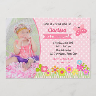 Butterfly 1st Birthday Invitations with Photo
