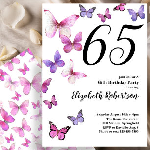 Butterfly 65th Birthday Invitation in Pink /Purple