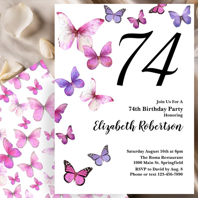 Butterfly 74th Birthday Invitation in Pink /Purple (Creator Uploaded)