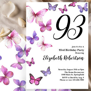Butterfly 93rd Birthday Invitation in Pink Purple