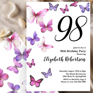 Butterfly 98th Birthday Invitation in Pink Purple