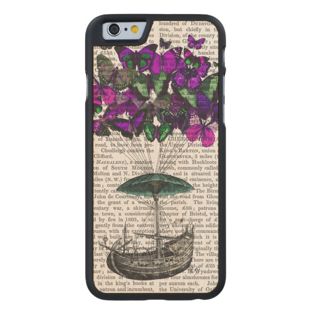 Butterfly Airship 2 Purple and Green Carved Wood iPhone Case (Back)
