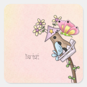 Butterfly and bird meeting at the birdhouse square sticker