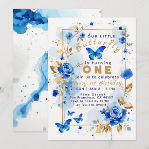 Butterfly and blue rose floral modern birthday invitation