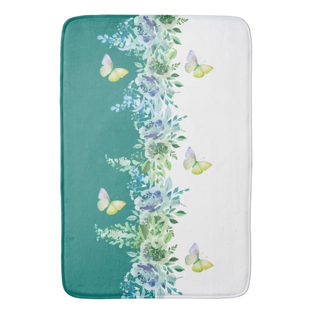 Butterfly and Botanical Teal Bathmat (Front Vertical)