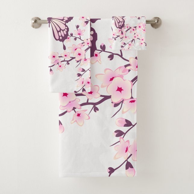 Butterfly And Cherry Blossom Pink White Bath Towel Set (Insitu)