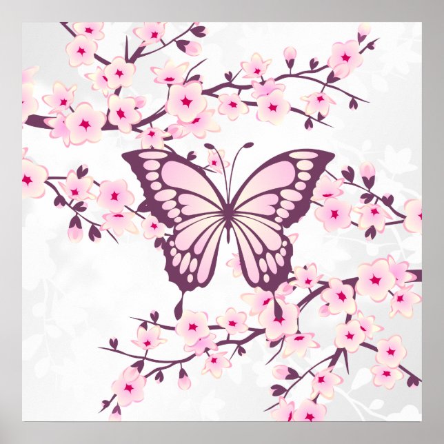 Butterfly And Cherry Blossom Pink White Poster (Front)