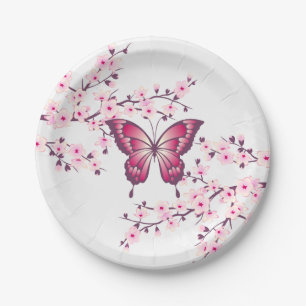 Butterfly And Cherry Blossoms Pink White Paper Plate