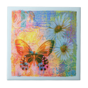 butterfly and daisies  tile