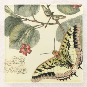 Butterfly and Dragonfly with Red Flowers Glass Coaster