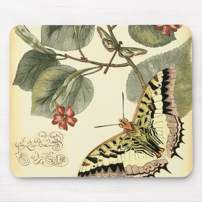 Butterfly and Dragonfly with Red Flowers Mouse Pad (Front)